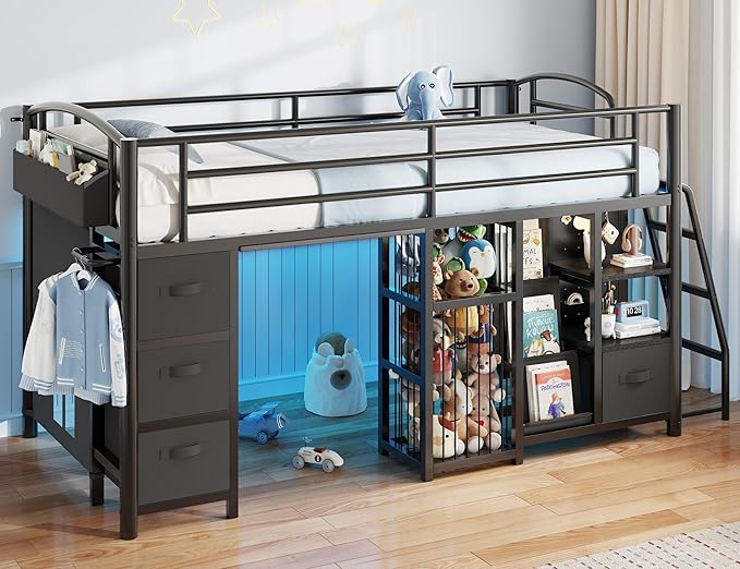 Low Loft Bed Twin Size with 4 Storage Drawers and LED Lights, Twin Loft Bed with Sling Bookcase & Toy Storage, Kids Twin Beds with Anti-Collision Pad & Play Curtain, Under-Bed Play Space, Black