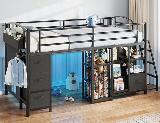 Low Loft Bed Twin Size with 4 Storage Drawers and LED Lights, Twin Loft Bed with Sling Bookcase & Toy Storage, Kids Twin Beds with Anti-Collision Pad & Play Curtain, Under-Bed Play Space, Black