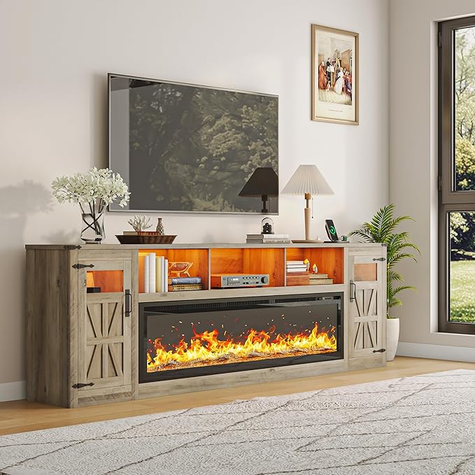 Fireplace TV Stand for 100 Inch TV, 95" Farmhouse Entertainment Center with 60" Electric Fireplace & LED Lights, Large Media Console for Living Room, Rustic Barn Doors, Power Outlets,Grey