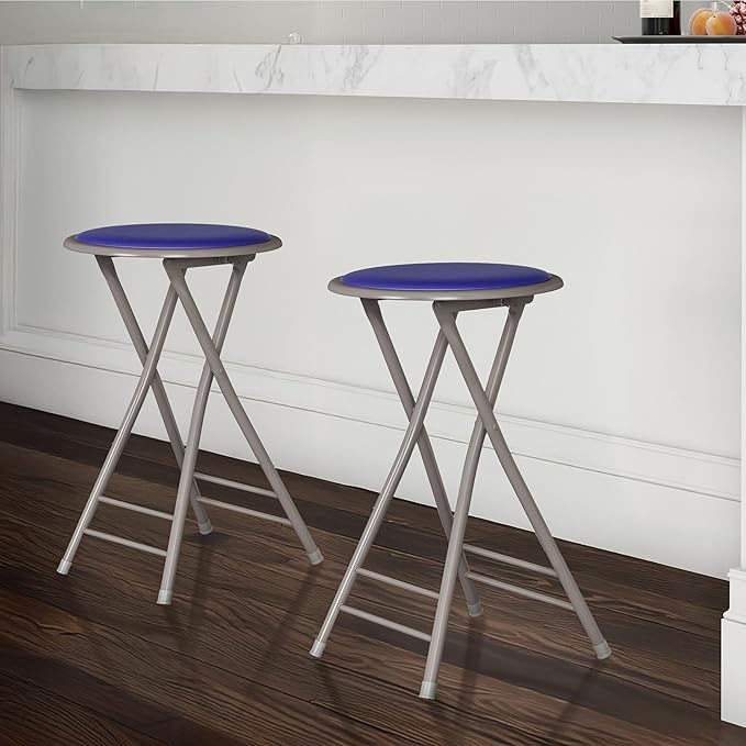Lavish Home Folding Stool - Set of 2 Counter Height Bar Stools – 24-Inch Backless Folding Chairs with 225lb Capacity for Kitchen, Rec Room, or Game Room (Blue)