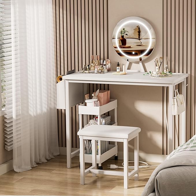 Cheap Makeup Girls Vanity Set with Mirror and Stool and Lights & Power Outlet, White Make Up Dressing Table with Chair, Kids Vanities for Bedroom 40“