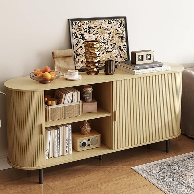 ONBRILL 63" Sideboard Buffet Cabinet with Storage, Storage Cabinet with Sliding Door & Adjustable Shelf, Modern Accent Coffee Bar Console Table for Kitchen, Entryway, Oak