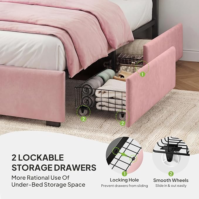 Welzona Queen Size Velvet Bed Frame with 2 Storage Drawers, Fully Upholstered Metal Platform Corner Bed Frame with Vertical Tufted Headboard, 3-Level Height, Easy Assembly, No Box Spring Needed, Pink