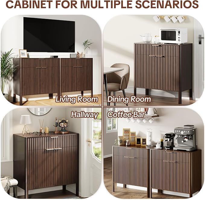 Fluted Buffet Cabinet with Storage - Modern Sideboard Accent Credenza with Doors & Drawer Wood Console Coffee Table Bar Counter for Living Room Kitchen Dining Room Entryway, Easy Assembly 31" Walnut