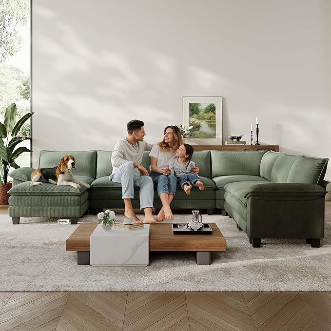 LINSY HOME Modular Sectional Sofa, 6-Seat Corduroy Modern Cloud Couch with Deep Seat & 1 Movable Ottoman, Perfect for Living Room, Office, Bedroom, Green