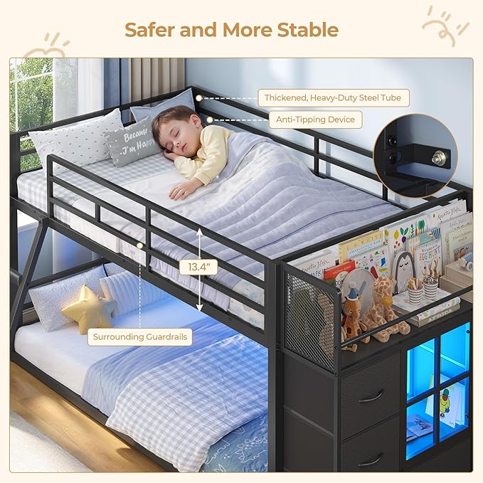 BTHFST Low Bunk Bed Twin Over Twin with 7 Large Fabric Drawers & Bookshelf, Metal Bunk Bed with RGB LED Lights & Slanted Ladder & Safety Guardrail, Kids Low Loft Bed Twin for Small Space, Black