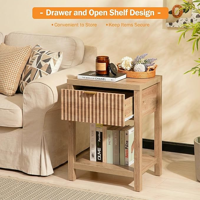 Fluted Night Stand with Golden Handle,Set of 2 Mid-Century Nightstands with Drawer, Bedside Table with Storage Shelf,Large Wood End Tables for Livingroom,Bed Side Tables for Bedroom, Natural Oak
