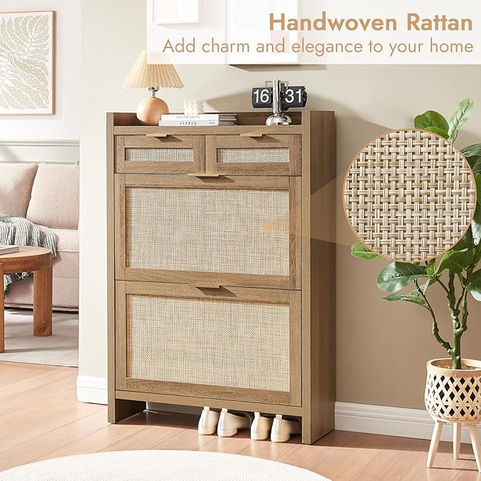 HOKYHOKY Rattan Shoe Storage Cabinet with 2 Drawers & 2 Flip Drawers – Hidden Slim Shoe Organizer for Entryway, Large Tabletop Space, Farmhouse Boho Narrow Shoe Rack, Rustic Oak