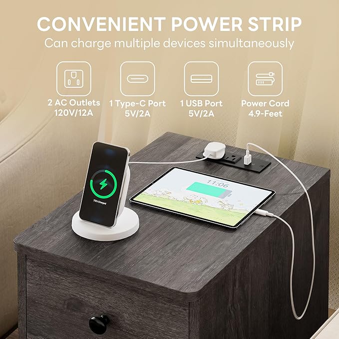 LIKIMIO Nightstand with Charging Station, Narrow Bedside Table with 3 Drawers, End Table with USB Ports and Outlets, Side Table for Living Room/Bedroom Modern, Charcoal Grey