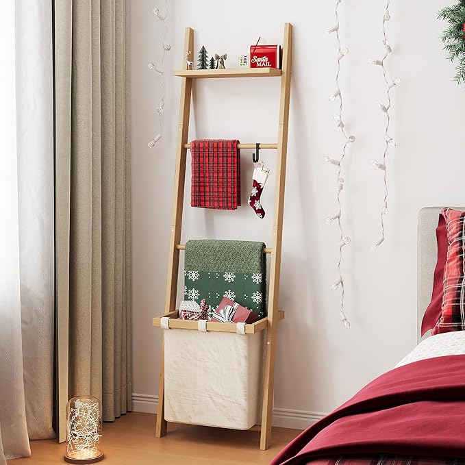 63" Bamboo Blanket Ladder with Shelf, Fabric Basket and 5 Hooks, 4 Tier Leaning Blanket Rack, Farmhouse Towel Ladder Rack, Decorative Quilt Rack Holder for Living Room Bedroom Bathroom, Natural Wood