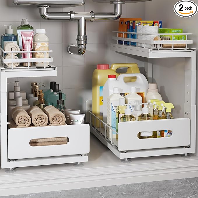 Under Sink Organizer Upgrade To Professional Rails,2-Tier Dual Pull Out Cabinet Storage,Height Adjustable Slide Out Drawers For Bathroom Kitchen,2 Pack-14.5" Dx12.8-16.9" H,White