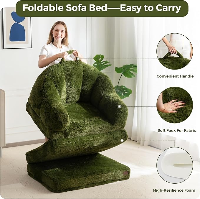 MAXYOYO Folding Sofa Bed, 2 in 1 Convertible Sofa to Lounger Comfy Single Bean Bag Chair for Adults, Floor Sleeper Couch with Handle, Faux Fur Couch Bed for Living Room Bedroom, Green