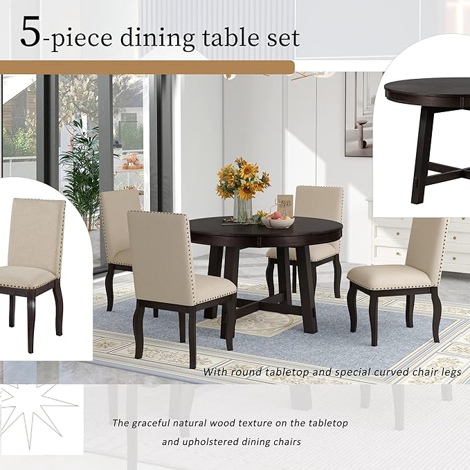 Harper & Bright Designs Farmhouse Extendable Round Dining Table Set, Round Wood Table with Shelf and Upholstered Chair Set Perfect for Family