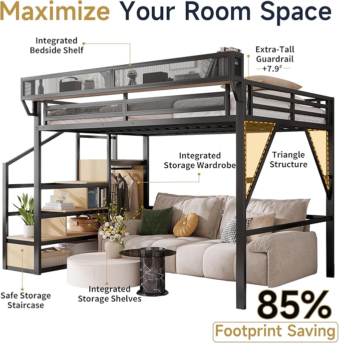 Mirightone Queen Size Loft Bed with Stairs and Storage, Metal Loft Bed Frame with Bedside Shelf and Large Under-Bed Space, Heavy-Duty Bed for Adults Teens and Kids, Convertible Staircase, Black