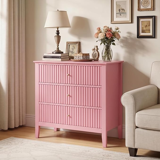 RoyalCraft 32" Large Nightstand, Fluted Painted Bedside Table with 3 Spacious Drawers, Modern Tall End Table for Bedroom, Pink