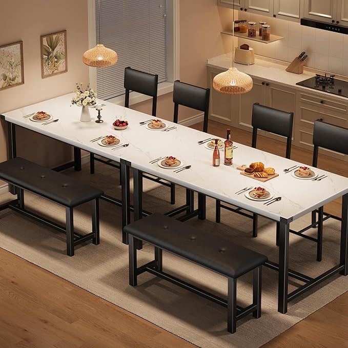 GarveeHome Dining Table Set for 4, Kitchen Table with 2 Upholstered Chairs and Bench, Wood Kitchen Dining Room Set, for Small Space, Apartment, Home, Kitchen, Marble White