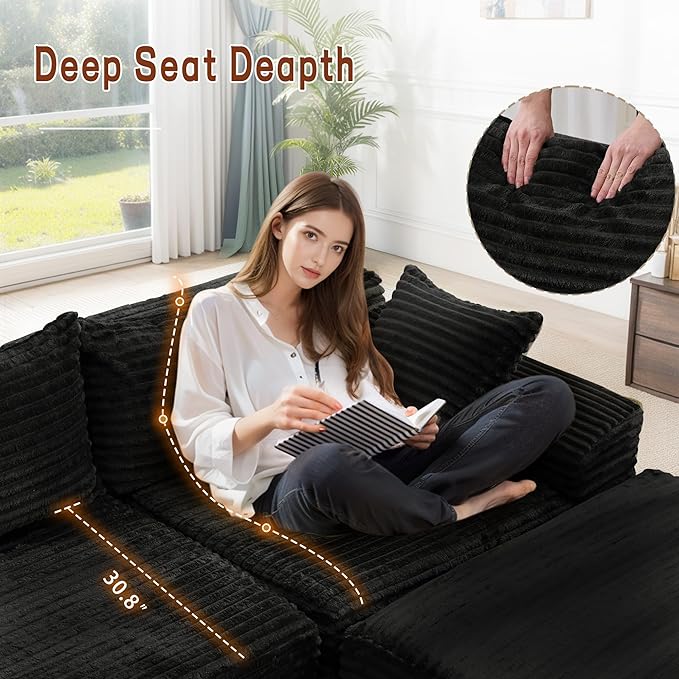Korser 110" L-Shaped Modular Sectional Sofa with Chaise, Boneless Comfy Corduroy Fluffy Couch with Deep Seat and Side Pockets, Flexible Module Combination for Living Room, No Assembly, Side Pockets