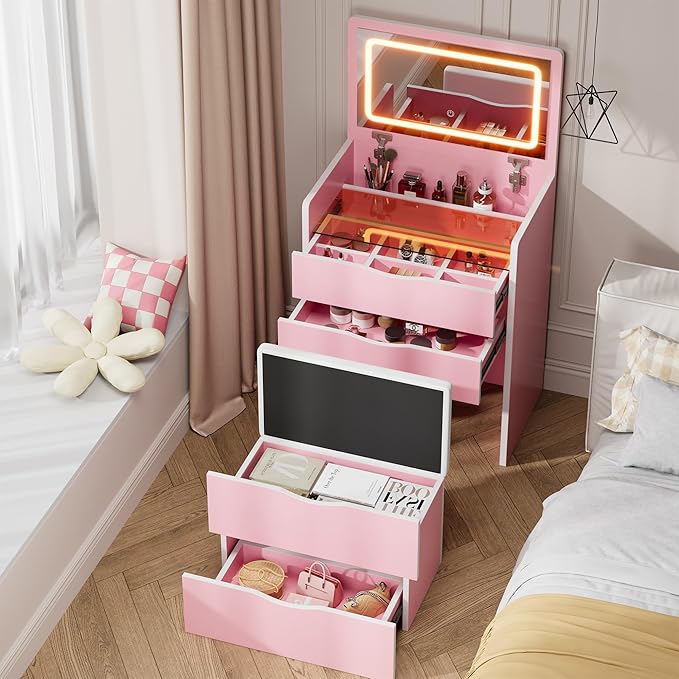 Mr IRONSTONE Compact Vanity Desk with Mirror and Lights, Hidden Makeup Vanity Cabinet with Storage Drawers & Shelves, Small Vanity Table for Bedroom, Flip Top Vanity for Small Spaces, Pink