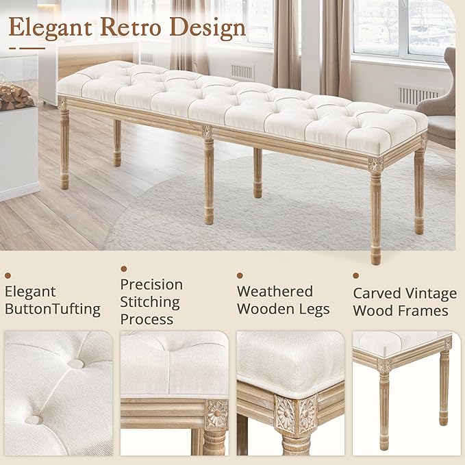 LUE BONA 60" Fabric End of Bed Bench, Upholstered Tufted French Bedroom Bench with Carved Legs for Bedroom End of King Size Bed, Living Room, Beige