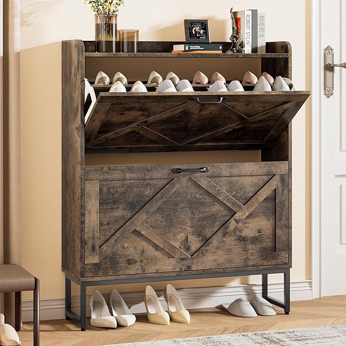 Nicetree Shoe Cabinet with 2 Flip Drawers, Freestanding Shoe Storage Cabinet with Metal Legs, Farmhouse Shoe Organizer for Entryway, Foyer, Hallway, Rustic Brown