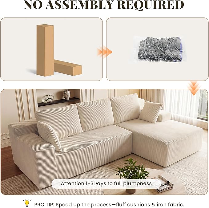 GRUSIGN Cloud Sectional Boneless Couches for Living Room, Modular L Shaped Couch with Deep Seat Oversized Right Facing Chaise, Memory Foam Compressed Spineless 3 Seater Sofa for Apartment, Taupe | No Assembly Required