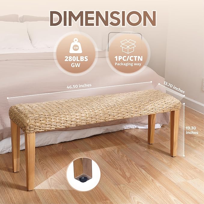 Outdoor Backless Bench, All-Weather Wicker & Solid Acacia Wood, Premium Garden Bench with Woven Rattan Seat and Thick Outdoor Cushion for Patio, Porch, Living Room or Entryway (Natural, PE Wicker).