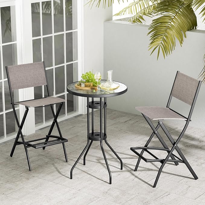 COSTWAY Outdoor Patio Bar Chair Set of 4, Folding Counter Height Stool with Metal Frame & Footrest, Patio Bar Stool for Balcony, Garden & Poolside (4, Coffee)