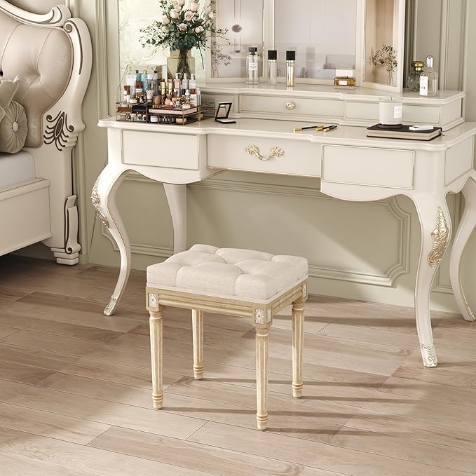 Yusong Vanity Stool Upholstered Bench Seat for Makeup Room, Vintage Small Bedroom Bench Dining Bench with Tufted Fabric for Living Room, Piano Stool with Rustic Wood, Easy Assemble,Beige