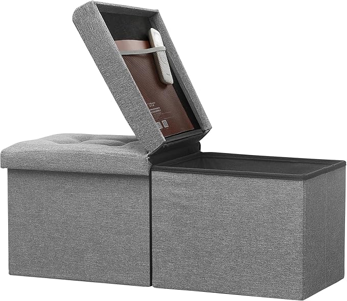 Bsketa Storage Ottoman Bench with Folding Lid Ⅲ, Foot Stools Opens on Both Ends, Footrest Foldable Linen Chest for Living Room, Bedroom, Entryway, End of Bed Storage Blanket Ottomans Dark Gray