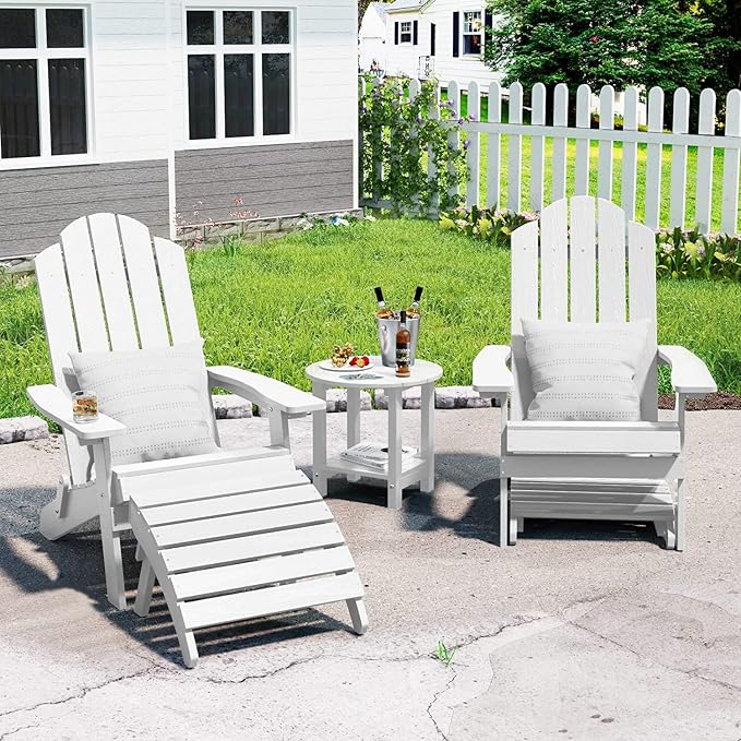 MXIMU Folding Adirondack Ottoman Set of 2: HIPS Plastic Outdoor Footrest Easy Assembly - All Weather Foot Rest Foot Stool for Adirondack Chair Use in Patio Garden Backyard Pool (White)