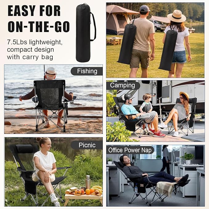 Colingmill 2 Pcs 2 in 1 Reclining Camping Chair with Footrest for Adults Folding Lounger Mesh Beach Chair Adjustable Backrest Lightweight Lawn Chairs for Camping Tailgates Outdoor Beach(Black)
