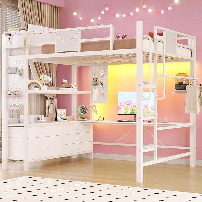 BYSAUD Loft Bed with Desk, Full Size loft Bed, Loft Beds Full Size with Stairs&5 Fabric Storage Drawers,Charging Station&LED Lights,Removable Guard Ladder, Noise Free, No Box Spring Needed (White)