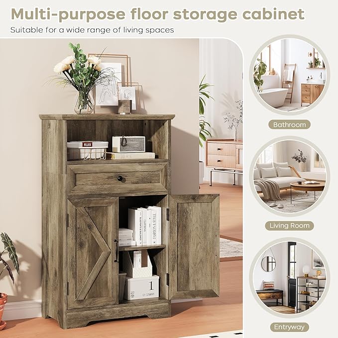 Floor Cabinet, Farmhouse Storage Cabinet with Barn Doors and Drawer, Freestanding Adjustable Shelf Organizer for Bathroom, Kitchen, Living Room Grey