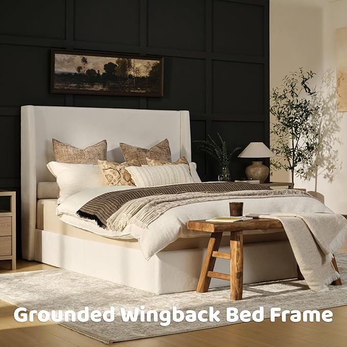 RECCI King Size Bed Frame with 53" Extra Tall Wingback Headboard, Luxury Upholstered Platform Bed Frame, Heavy Duty Support, Noise-Free, Easy Assembly, No Box Spring Needed, Ivory White Canvas