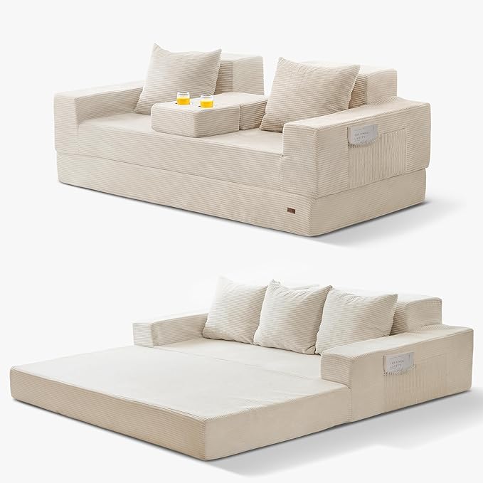 MAXYOYO Convertible Sofa Bed, 80" Oversized Boneless Loveseat Couch 4 in 1 Foldable Floor Sofa Couch in A Box with 2 Cup Holders, Folding Sleeper Chair for Living Room, No Assembly Required, Beige