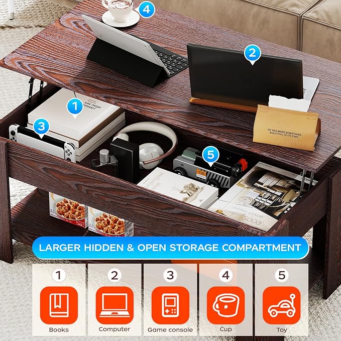FDW 39 inch Lift Top Coffee Table with Hidden Storage Compartment & Lower Shelf,Coffee Table with Lift Top for Living Room,Home Small Space,Espresso