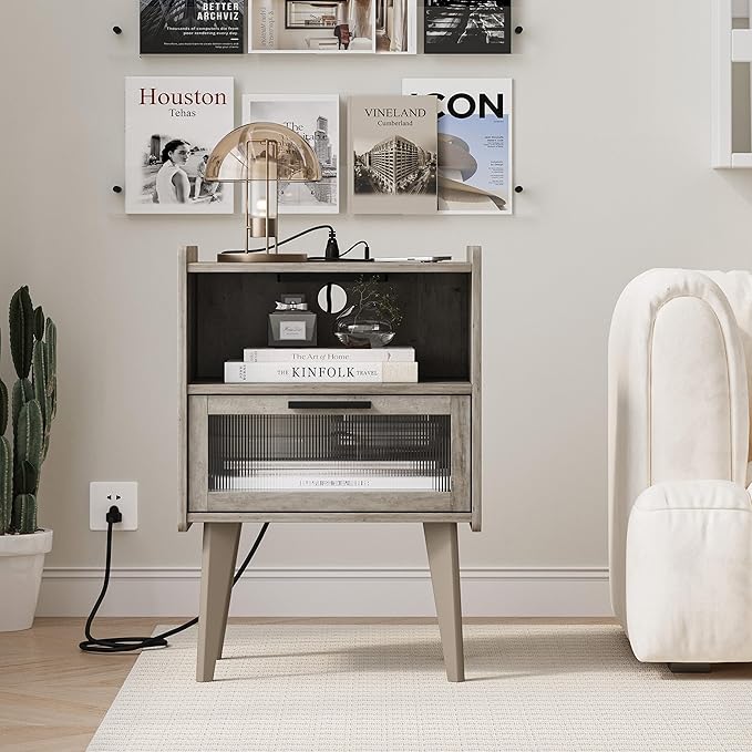 MMEOLUOOK Nightstand with Charging Station, Bedside Tables Oak Grey End Table Side Table with 2 Tiers Storage Space, for Bedroom Living Room MLBZ07GE