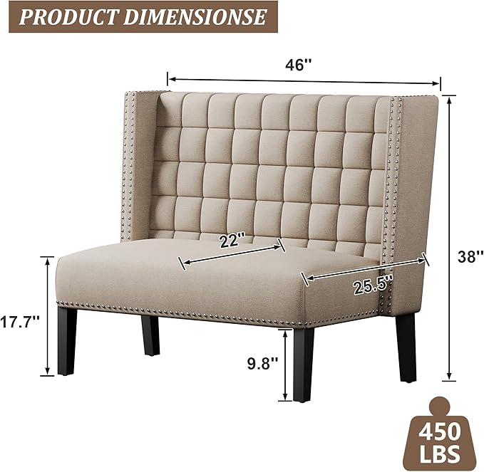 Andeworld Modern Loveseat Settee Bench Sofa Upholstered Banquette Couch for Dining Living Room Hallway or Entryway Seating Funiture with Wooden Legs,Putty
