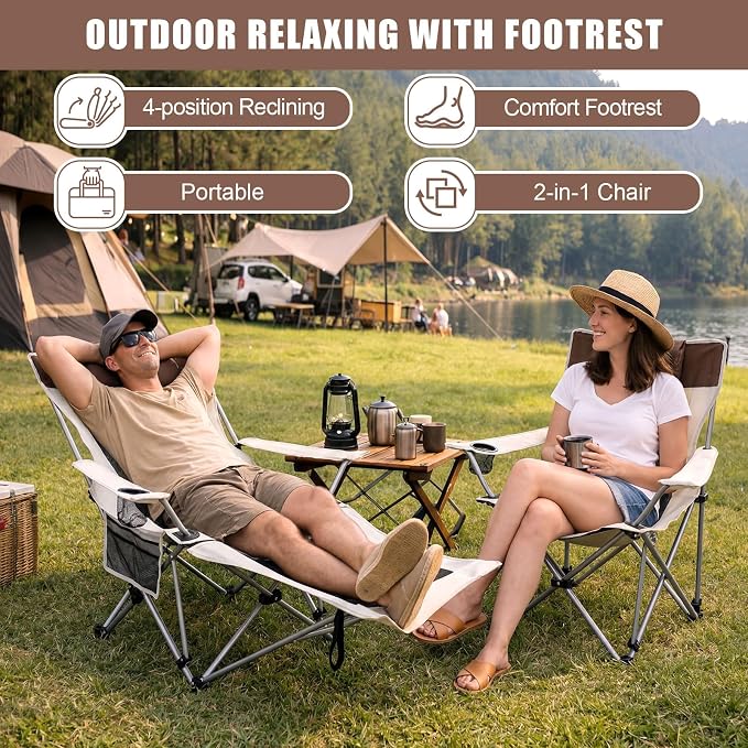 Colingmill 2 Pcs 2 in 1 Reclining Camping Chair with Footrest for Adults Folding Lounger Mesh Beach Chair Adjustable Backrest Lightweight Lawn Chairs for Camping Tailgates Outdoor Beach(Beige)