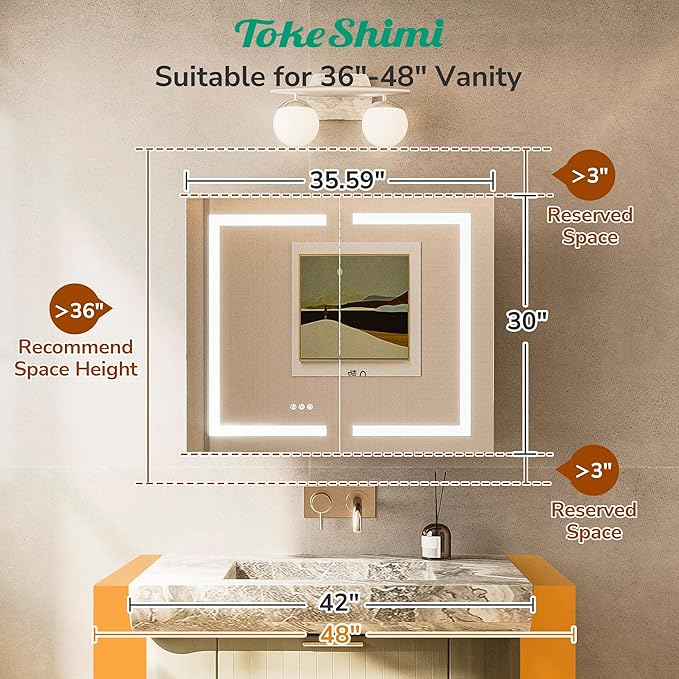 TokeShimi 36x30 Led Mirrored Medicine Cabinet for Bathroom Vanity, 3 Color Dimmable Medicine Cabinet with Lights and Defogger, 2-Side Fornt Lit Bathroom Mirror with Storage, 2 Sockets, Recessed