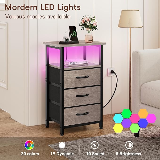 Vagusicc Night Stand Set 2 with Charging Station, LED Nightstand for Bedroom, Bedside Table with 3 Fabric Drawers, End Table Side Table with USB Ports & Outlets, Bed Side Table for Bedroom, Greige