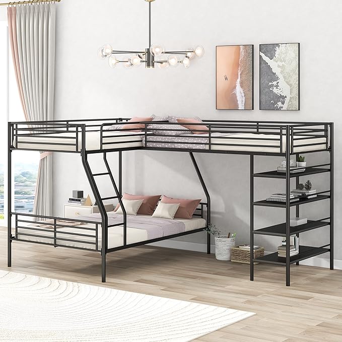 Bellemave Triple Bunk Beds, L-Shape Twin Over Full Bunk Bed Attached a Loft Bed with Desk, Triple Bunk Beds with Slide, Metal Corner Bunk Bed Frame for Three Kids Boys Girls Teens, Antique Black