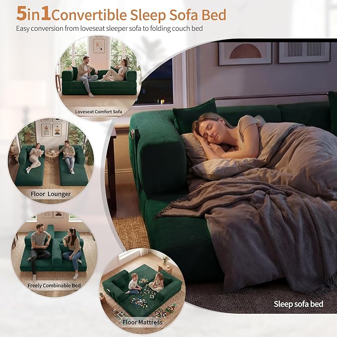 78.8" Convertible Sofa Bed with Armrest Pillow, 4-in-1 Sleeper Couch Bed for Livingroom, Modular Corduroy Boneless couches, No Assembly (Emerald Green)
