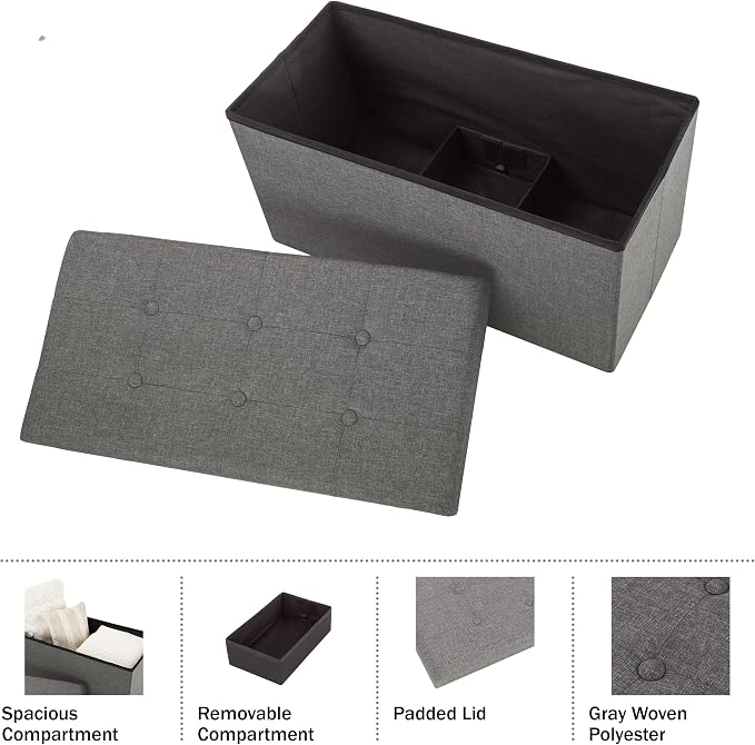 Lavish Home Folding Storage Ottoman - Set of 2 30-Inch Folding Tufted Footrest, Linen Chest, or Bench with Removable Bin for Living Room, Bedroom, or Dorm (Dark Gray)