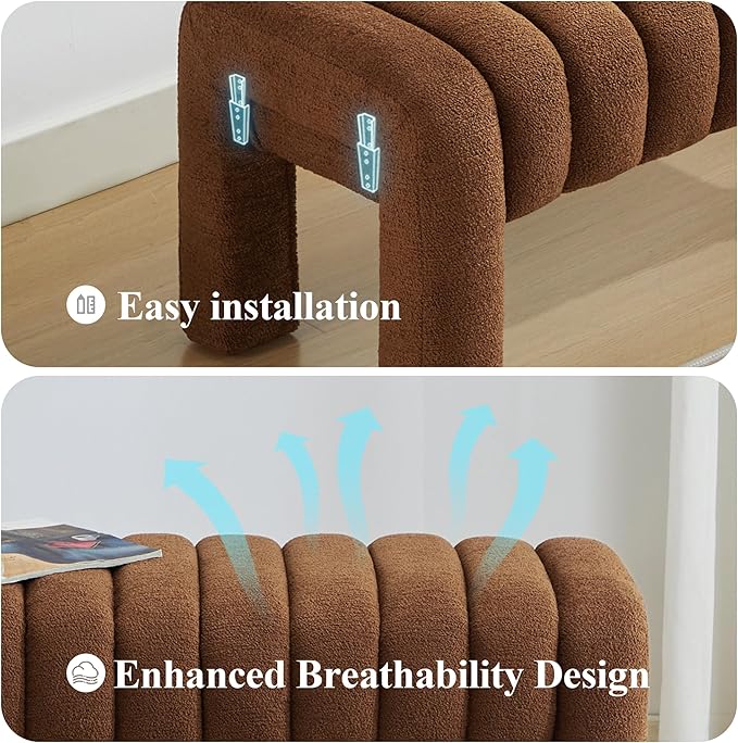 63’’ Bedroom Bench, Upholstered End of Bed Bench with Solid Wood Legs, Modern Cushioned Dining Bench with Full Covered Fabrics for Entryway, Bedroom, Living Room (Rust Brown, Boucle)