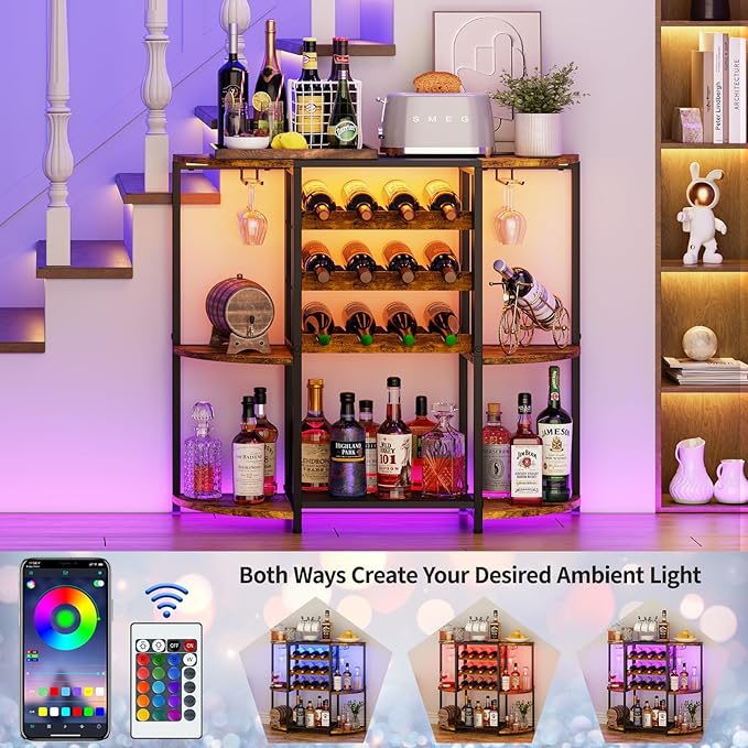 JKsmart Small Wine Bar Cart with LED Lights, Mini Wine Rack with Storage and Glass Holder, Home Bar Cart for Liquor, 3-Tier Bar Table for Kitchen, Dining Room, Living Room, Rustic Brown