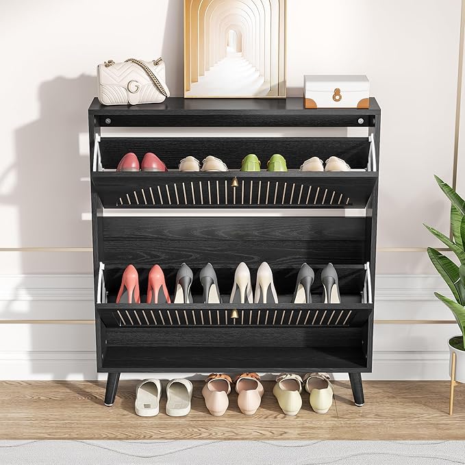 Fsbecl Shoe Storage Cabinet for Entryway with 2 Flip Drawers, Narrow Wood Shoe Cabinet with Fluted Panel, Freestanding Hidden Shoe Organizer for Foyer, Hallway (Black - No Shelf)