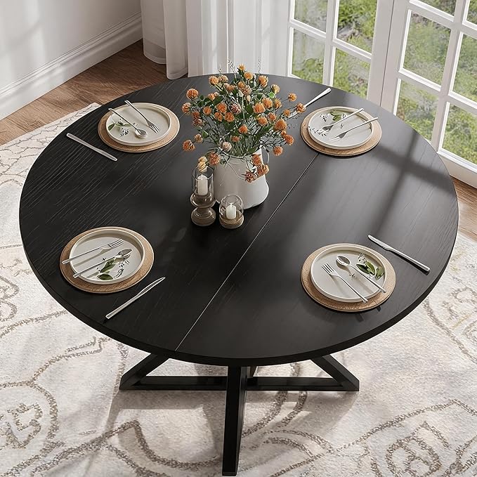 GarveeHome 47 Inch Round Dining Table for 4-6, Circle Kitchen Table with Pedestal Base, Farmhouse Wooden Dining Table for Small Spaces, Kitchen & Dining Room, Living Room-Black/Only Table