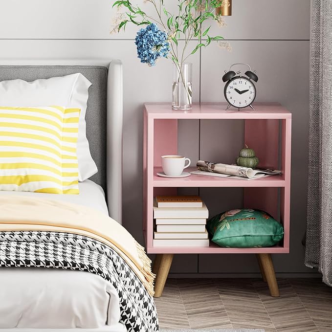 Aenuert Night Stand, Pink Kids Nightstand, Modern End Table with Open Storage, 2-Tier Nursery Bedside Table for Small Space, Living Room, Bedroom