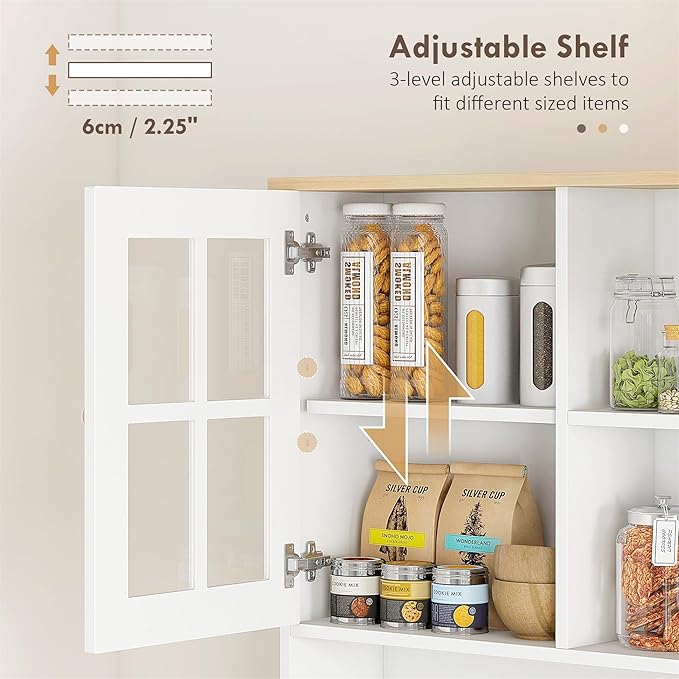HOMCOM Kitchen Pantry Storage Cabinet, 72" Freestanding Cabinet with Hutch, Large Countertop, Glass Doors and Adjustable Shelves for Dining Room, White